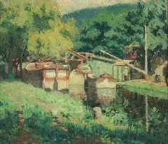 Bernard Badura, Canal Boats at Upper Black Eddy (New Hope, Oil on board in original frame