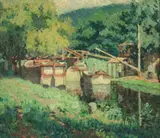 Bernard Badura, Canal Boats at Upper Black Eddy (New Hope, Oil on board in original frame