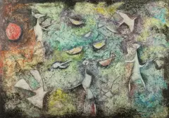Valerios Caloutis, Figures with Birds, Oil on canvas