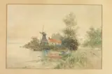 Louis K. Harlow, Landscape with Windmill, Watercolor