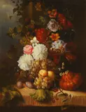 Still Life with Fruit and Flowers by Continental School, STILL LIFE WITH FRUIT AND FLOWERS, oil on panel, sold Dec 2013