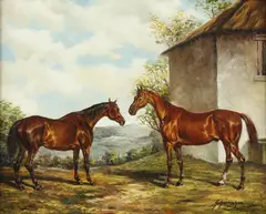 Schmucher, Two Horses, Oil on panel
