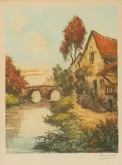 L. Brommal, Cottage on a River, Color print