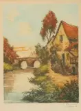 L. Brommal, Cottage on a River, Color print