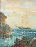Elma Bates, Ship Off of Rocky Coast, Oil on canvas