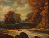 Continental School, Bridge Scene in Autumn, BRIDGE SCENE IN AUTUMN, oil on board