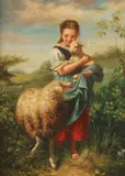 Vachet, GIRL WITH LAMB AND EWE, giclee on canvas, GIRL WITH LAMB AND EWE, giclee on canvas