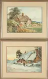 R. Hill, WINTER COTTAGE SCENE AND SUMMER COTTAGE SCENE: TWO WORKS, each signed lower right, Oil on canvas