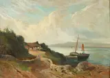 J. Morris, Sailboat by a Rocky Shore, Oil on panel