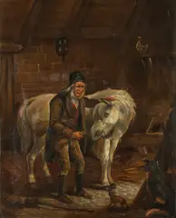 E. Danby, Man Feeding White Horse, Oil on canvas