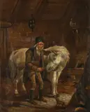 E. Danby, Man Feeding White Horse, Oil on canvas