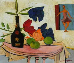 De Hirsh Margules, Tabletop Still Life with Fruit and Bottle, Acrylic on board