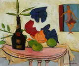 De Hirsh Margules, Tabletop Still Life with Fruit and Bottle, Acrylic on board