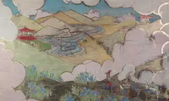 Joan McMurray, Landscape with Pagodas in Iris Field, Oil on panel