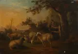 SHEEP AND FIGURE IN LANDSCAPE, label verso identifies artist, "A.Morris" and title by British School, Oil on panel, sold Feb 2014