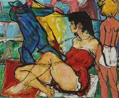 Laszlo Matulay, Reclining Woman with Figures, Oil on board
