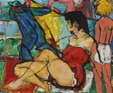Laszlo Matulay, Reclining Woman with Figures, Oil on board
