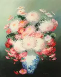 Margaret Rice, Mums in Blue and White Vase, Oil on canvas