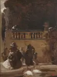 Pierre-Victor Galland, Figures Along Balustrade in Paris Park, Oil on canvas