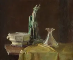 Maurice Compris, Still Life with Gargoyle Figurine and Vase and Compote, Oil on canvas