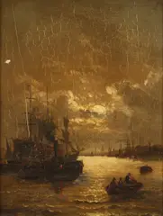 William A. Thornberry, Moonlit Harbor, Oil on panel