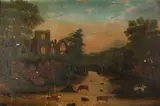 Cows Drinking by Church Ruins by Continental School, COWS DRINKING BY CHURCH RUINS, oil on canvas, offered Feb 2014
