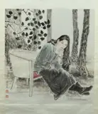 Wang Gensheng, Pensative Girl, Ink and color on paper scroll