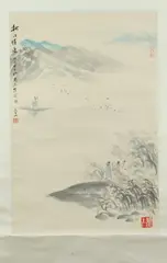 Man in Riverscape by Ya Ming, Two ink and color on paper scrolls, offered Apr 2014