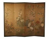 Anonymous, Bird Perched on Flowering Trees, Ink and color on silk four-fold screen - Each panel: 73 in. x 22 in