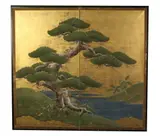 Anonymous, Riverscape, Ink and color on paper and gold leaf two-fold screen - Each panel: 65 in. x 33 1/2 in