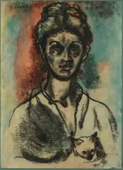 Laszlo Matulay, Portrait of Woman with Cat, Watercolor
