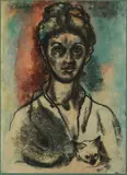 Laszlo Matulay, Portrait of Woman with Cat, Watercolor