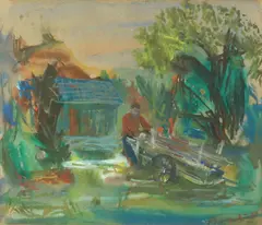 Man Pulling Wagon by Wally Devlin, Gouache, offered Apr 2014