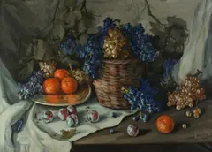 J. Ros, Still Life with Grapes and Plums, Oil on canvas