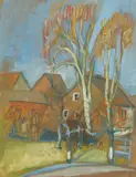 American School, House with Birch Trees, Gouache