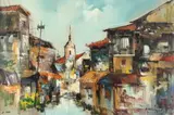 Contemporary School, City Street Scene, Oil on canvas