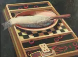Robert Crowl, Still Life of Fish on Games Table, Oil on canvas