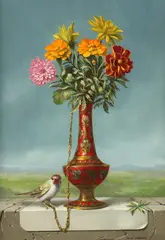 Raymond Whyte, Still Life with Vase of Flowers and Tethered Bird, Oil on masonite