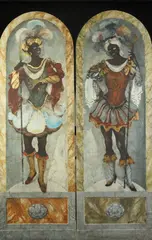 Orientalist School, Standing Portrait of Man and Woman: Pair, STANDING PORTRAIT OF MAN AND WOMAN: PAIR, oil on shaped canvas