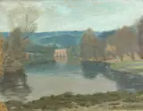Gustav Haas, Country Manor by Lake, Oil on canvas