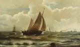 Seascape with Sailing Vessels by Continental School, SEASCAPE WITH SAILING VESSELS, oil on canvas, sold Apr 2014