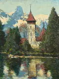 Vivian Milner Akers, Little Old Protestant Church on the Shore of Lake of Thun at Schlerzligen, Oil on panel