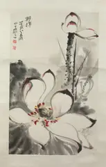 Lotus by He Haixia, Ink and color on paper scroll, signed and sealed, offered Jun 2014