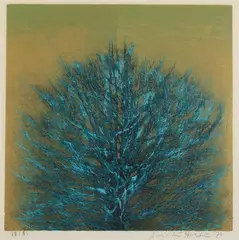 Hoshi Joichi, Tree (Blue), Color woodcut, signed, sealed and