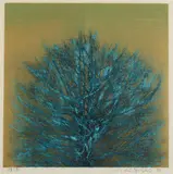 Hoshi Joichi, Tree (Blue), Color woodcut, signed, sealed and