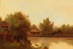 R. Valenzuela, Houses in a Summer Landscape, Oil on canvas