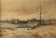 Samuel R. Chaffee, Distant Town at Sunset, Watercolor