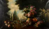 N. Dubois, Large Urn with Flowers and Parrot, Oil on canvas