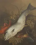 Henry Leonidas Rolfe, Untitled, catfish and lobsters oil on canvas 72 x 60cm