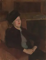 Untitled by Lawrence Gowing, in a purple coat and brown hat oil on canvas 91 x 71cm, sold Apr 2023
